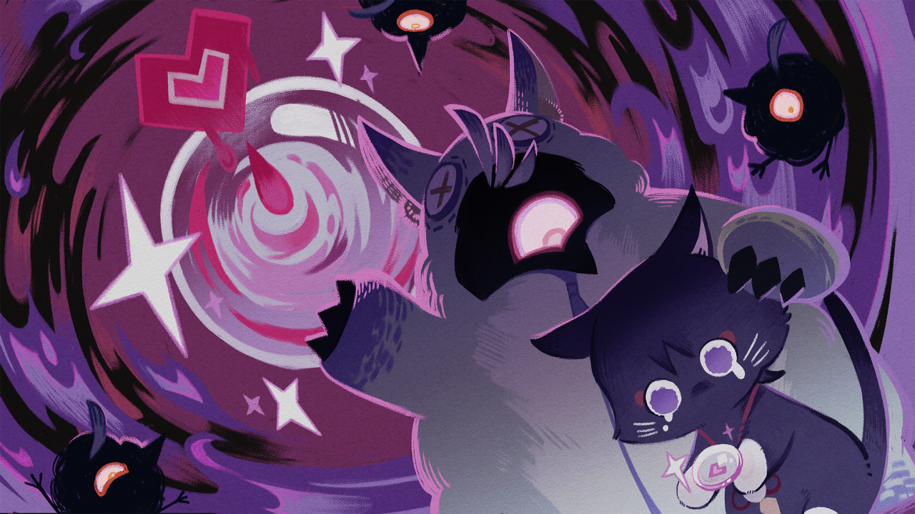 this is a digital art illustration. the art style is cartoonish and uses bright colors. the art has two main characters: one is a purple fluffy monster with big black eyes, and the other is a black cat with big eyes, crying and holding a tiny red heart. the background is purple with black strokes, stars, and a heart shape. the art uses a lot of pink, white, and black.