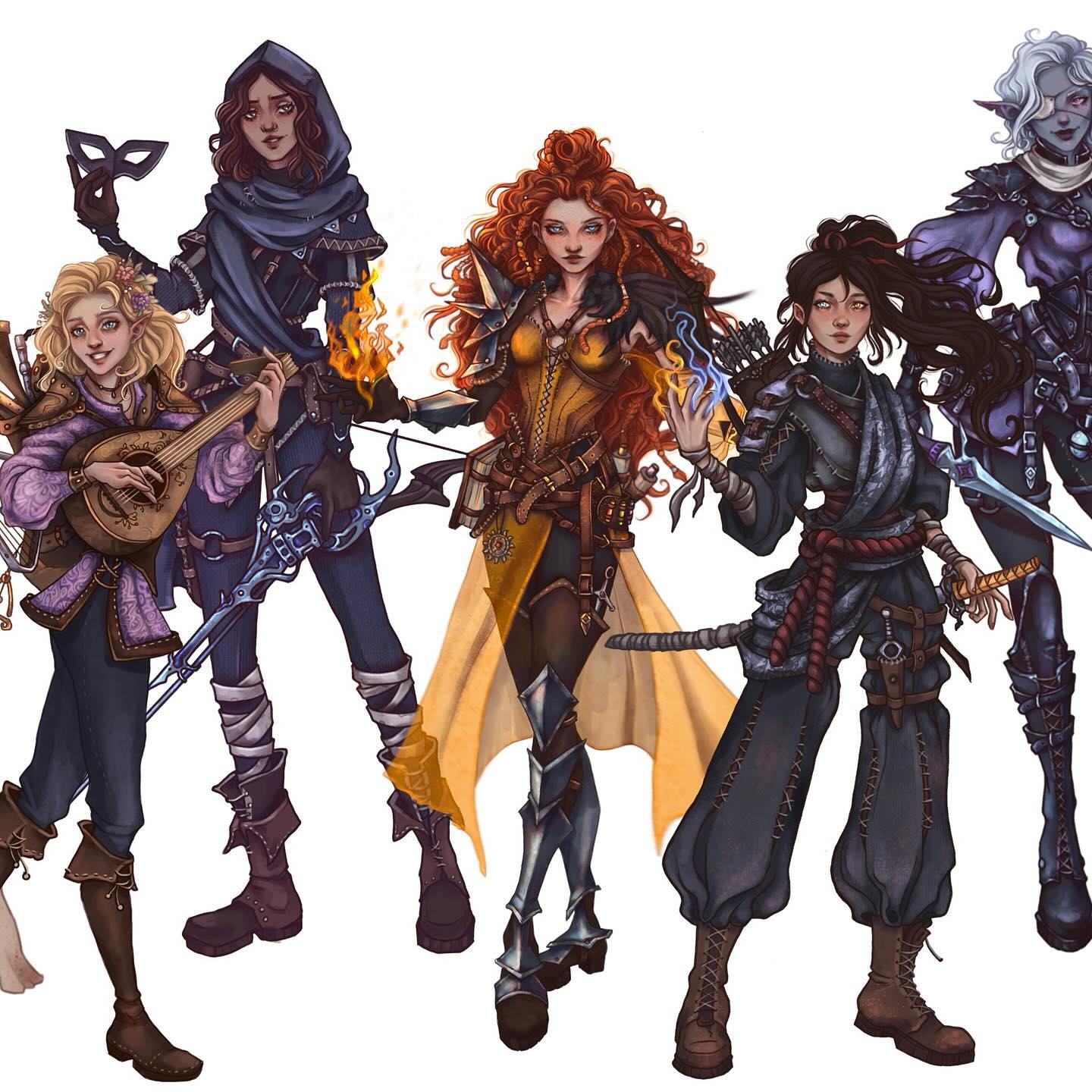 the image is a digital painting depicting a party of five female fantasy adventurers, ready for a quest.  each character is uniquely designed and equipped, suggesting different roles within the party.  they are richly detailed, showcasing individual personalities through their attire, expressions, and postures. the art style is vibrant and detailed, with a focus on the characters' clothing and weaponry. the background is a simple white, highlighting the characters and their costumes.  the overall aesthetic evokes the feel of classic fantasy roleplaying games.