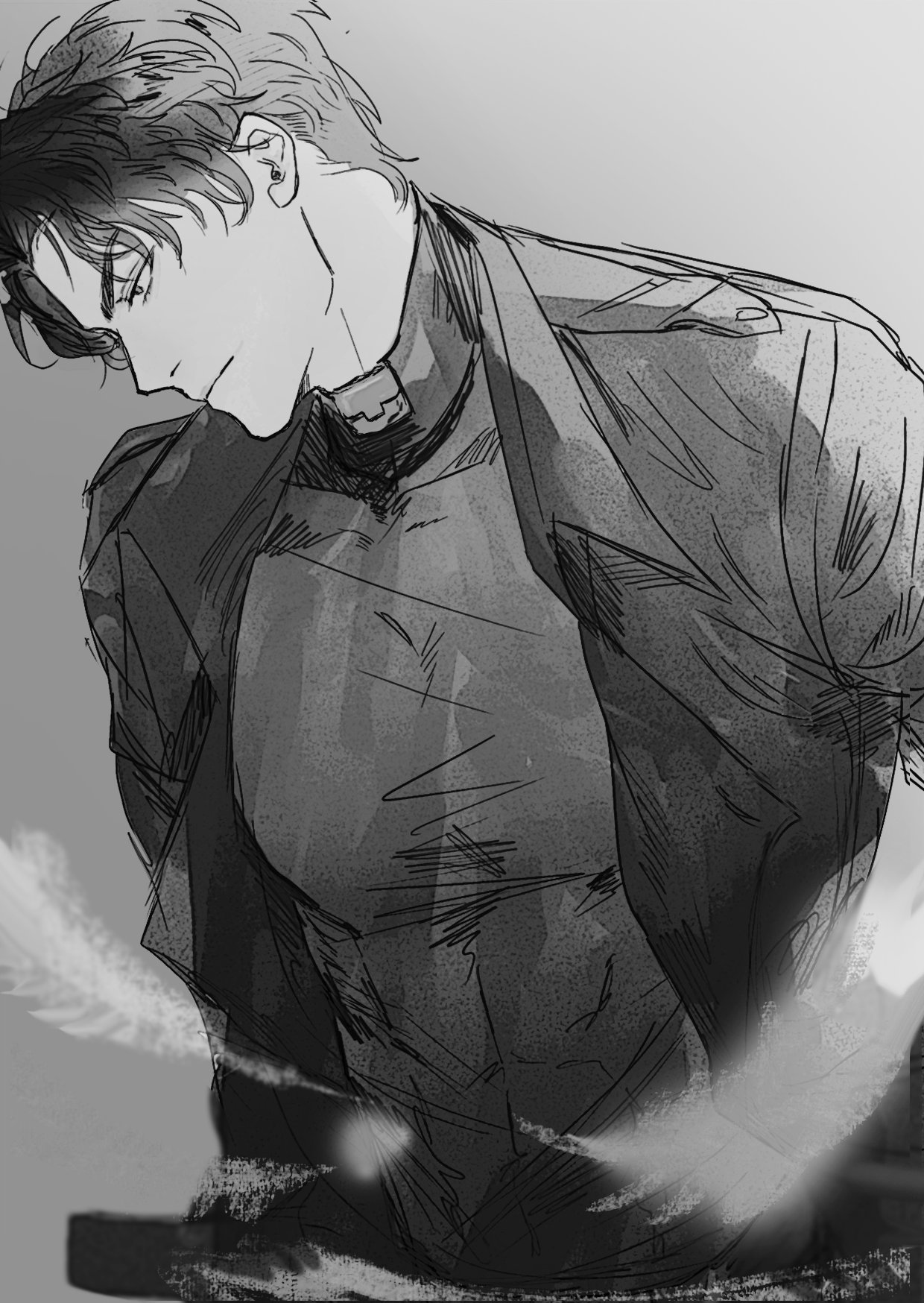 this is a black and white digital art piece that depicts a young anime male character. he is standing with his head down and looking at the ground. his hair is styled in a way that is similar to an older hairstyle. he is wearing a black jacket with a white collar. his expression is solemn and it looks like he may be in sadness. he is a very handsome young man who appears to be cool and stylish. the background is mostly blank with a subtle shadow in the lower half of the image. the use of black and white creates a dark and mysterious atmosphere. the image captures the character's inner turmoil and sadness.