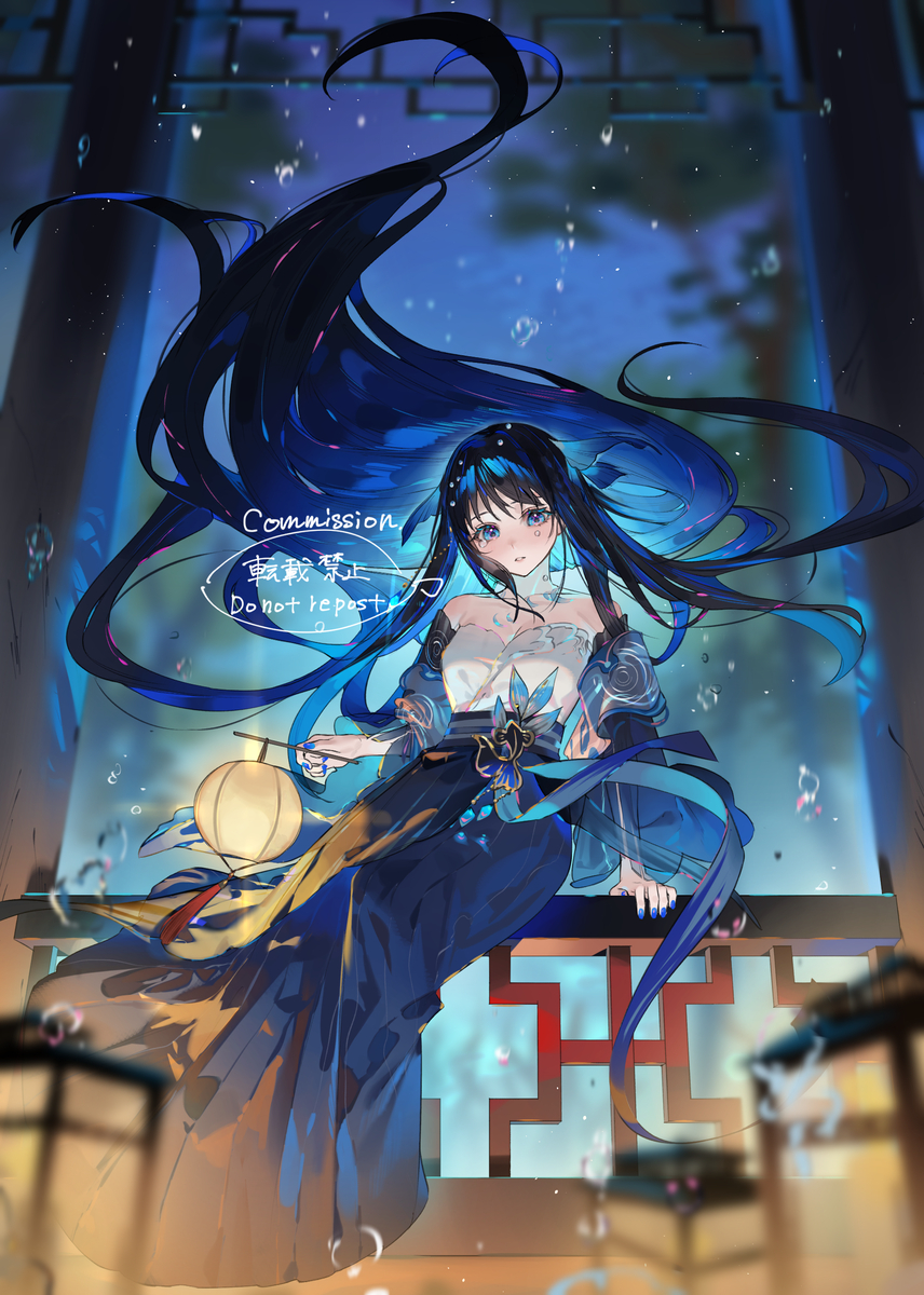 an anime girl with long dark hair and blue eyes sits in a window at night, holding a lantern. she's wearing a white and blue dress with oriental style details. bubbles float in the air around her. a "commission" watermark is visible on the image.