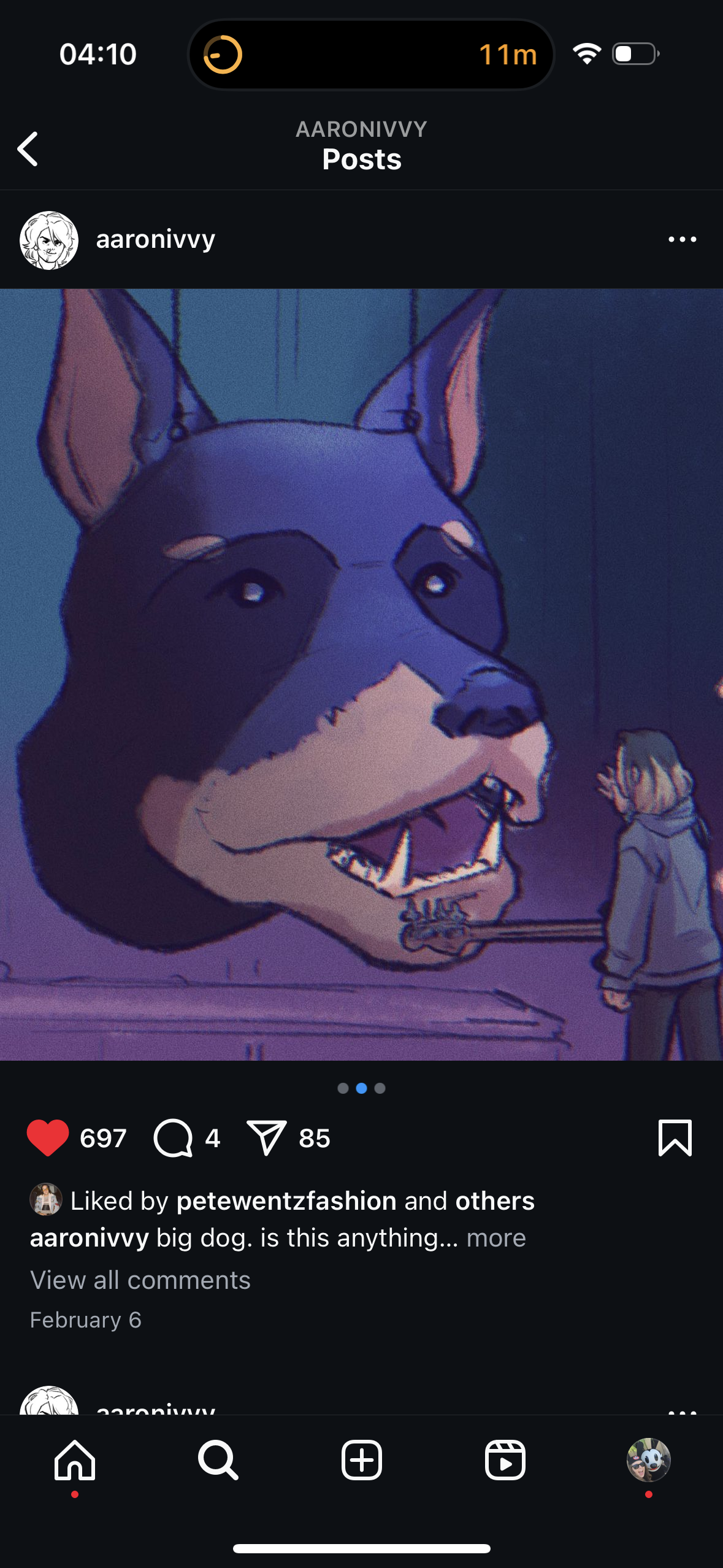 this is a digital art piece, featuring a cartoon dog looking to the left, and a cartoon person looking to the right at the dog. there's a caption below the image that says "aaronivvy big dog. is this anything... more"