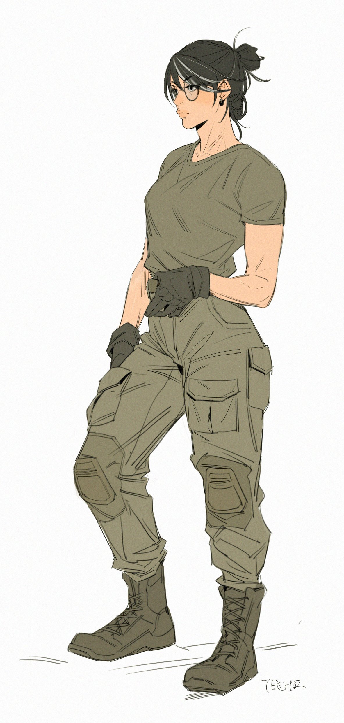 he image is a digital drawing or painting of an animestyle female soldier. she is wearing a green military uniform, including cargo pants with kneepads, boots, and gloves. she also wears glasses and has her hair tied up.  she appears to be standing in a relaxed but alert pose, possibly holding a concealed weapon. the style is somewhat sketchy and loose, with visible brush strokes and a muted color palette. the background is plain white, focusing all attention on the character.