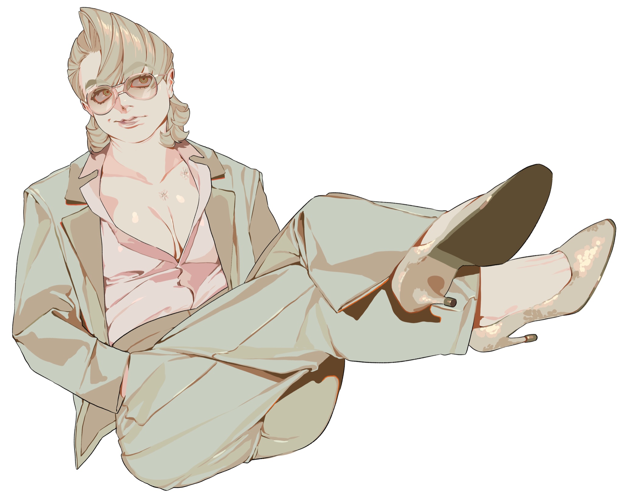 the image is an illustration of a woman in a suit, sitting with her legs up. she is wearing glasses, a pink shirt with a low cut, and heels. her hair is styled in a retro fashion. the illustration is done in a cartoon style with light colors and shiny textures, giving it a confident and relaxed vibe.