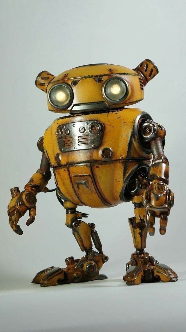 a closeup image of a toy robot with a steampunk design. it is a yellow and bronze color and has a very detailed design with gears, pipes, and other steampunk elements.  the robot is standing on a white surface.