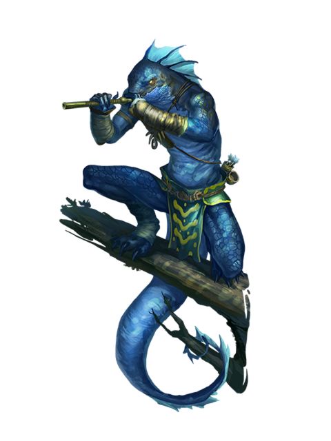 a blue humanoid lizard creature with a long blue tail is sitting on a branch and playing a flute. the creature has a green eyes and golden accents on its body. it is a fantasy creature that looks to be from a video game or tabletop game.