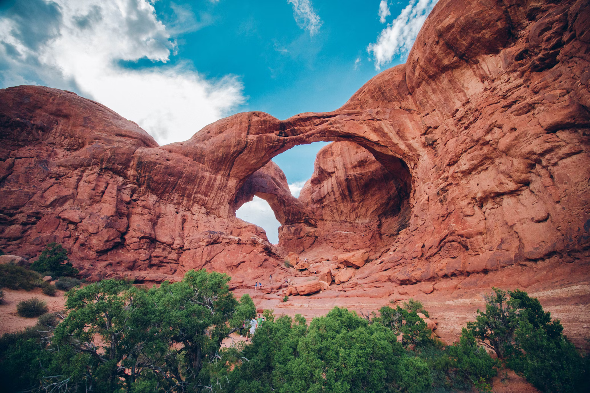 a wide shot of the double arch in arches national park. the red sandstone arch dominates the image, with a blue sky and white clouds in the background. green vegetation can be seen in the foreground.