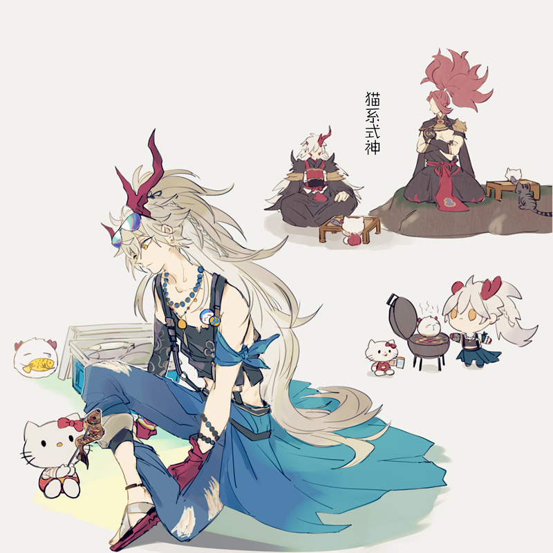 this anime illustration features a group of four anime characters in a casual setting. the main character is a young man with long, flowing white hair, sitting with his legs crossed and a happy expression on his face. he has a blue and black outfit and is wearing a necklace with a pendant, and a pair of sunglasses. to his left is a white, cartoon cat wearing a red bow. another character, a young woman with red hair, sits casually, wearing a red kimono and holding a cup. she has a more serious expression. behind her, a young man with a long red scarf sits with his legs crossed, wearing a black kimono and looking away from the viewer. in the background, there is a smaller, young girl with pink hair, wearing a blue and white dress, and a yellow cat, and a small bbq grill with food cooking on it.  all of the characters are set in a whimsical, beachlike setting, with hints of grass, sand, and sun, with a hint of a white beach umbrella in the background. it is an illustration of a group of friends enjoying their time together.