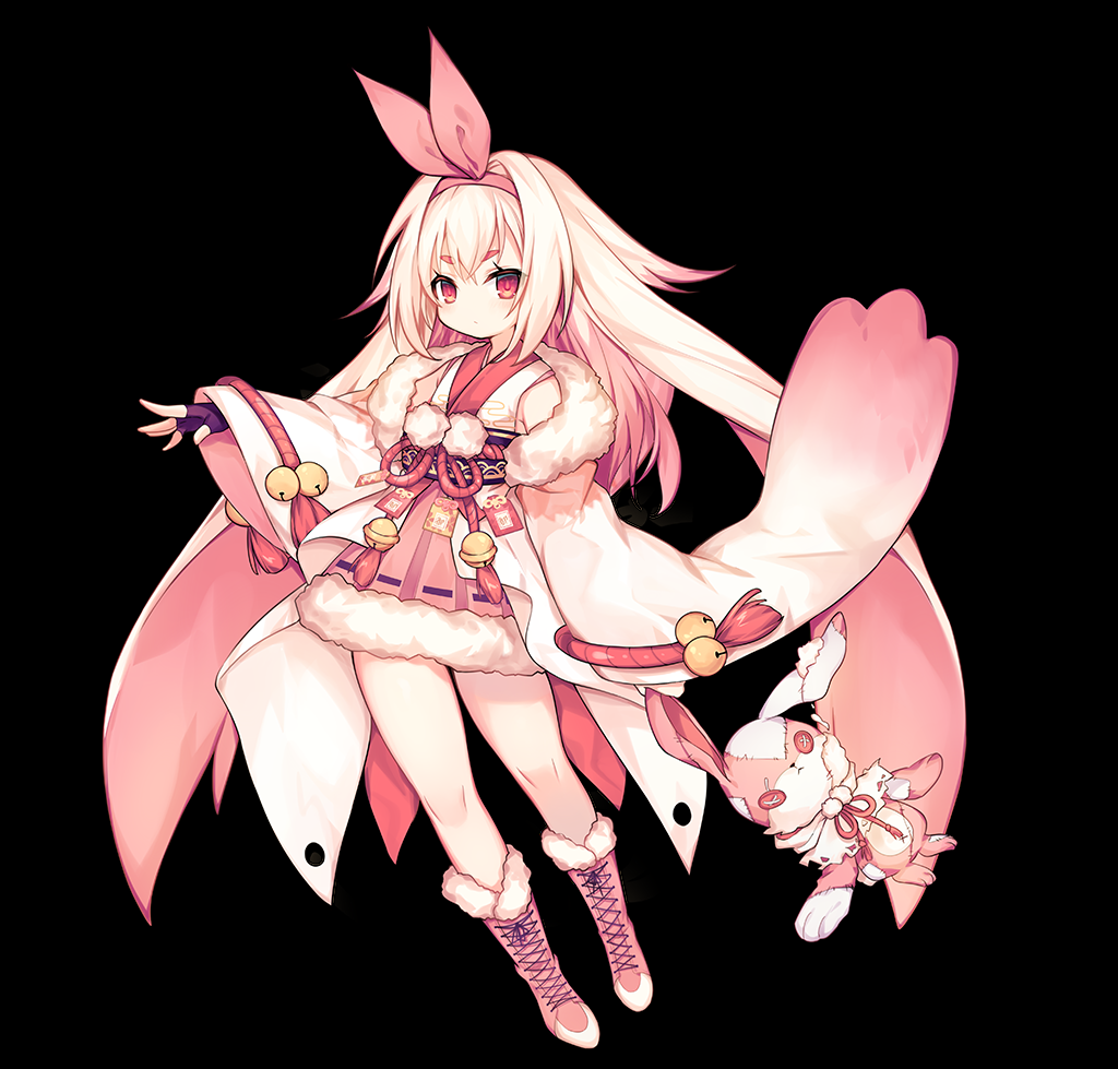 this image features a cute anime girl with long pink hair, wearing a white and pink kimono with bunny ears. she is floating in the air with a fluffy white tail, and her outfit is adorned with pink bells. she holds a small pink bunny plushie in her hand. the girl has big red eyes and a sweet expression. the overall style is kawaii, reminiscent of magical girl anime. the background is black, providing a stark contrast to the vibrant colors of the girl and her outfit.