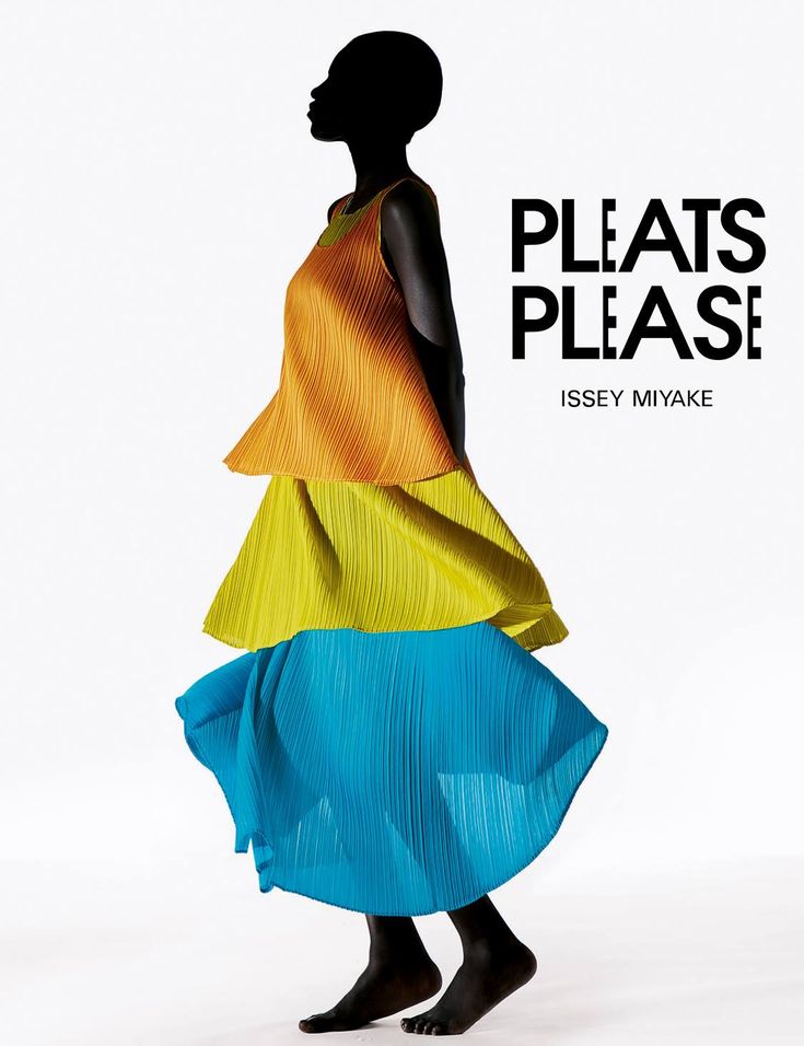 a woman wearing a pleated dress in orange, yellow and blue is shown in silhouette standing against a white background. the text "pleats please issey miyake" is shown in black lettering.