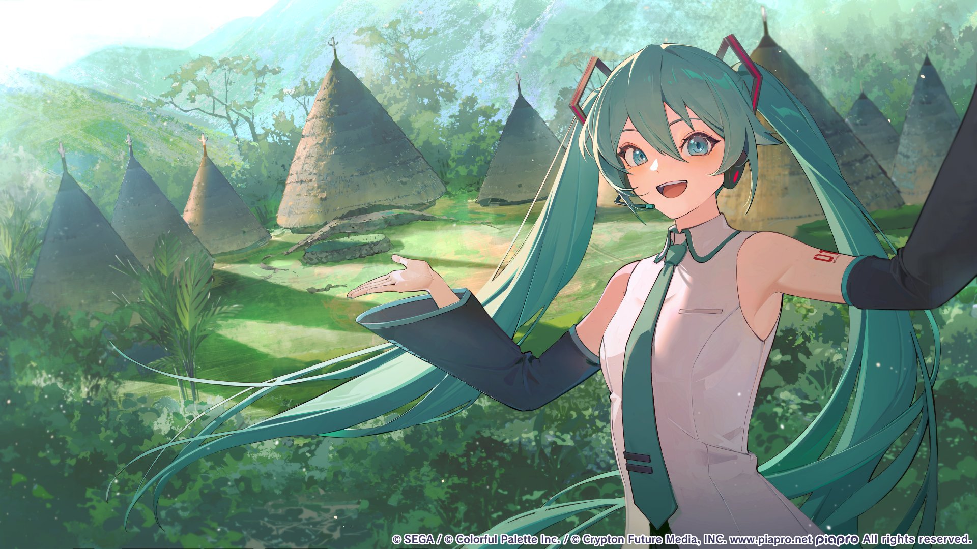 the image features a cheerful anime girl, hatsune miku, with long turquoise hair and blue eyes, dressed in her signature outfit. she is standing in a lush, green landscape with traditional, conical huts in the background, suggesting a village setting. the artwork has a promotional feel, with logos indicating it is associated with sega, colorful palette inc., and crypton future media. miku has a welcoming gesture and a bright smile.