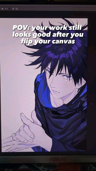 a closeup shot of a computer screen displaying digital artwork. the artwork is an animestyle illustration of a young man with purple hair, wearing blue and black clothing.  the man is shown from the chest up, and his hands are visible, gesturing. the text overlay on the screen reads "pov: your work still looks good after you flip your canvas," indicating the image is meant to showcase the successful result of flipping a digital canvas during the art creation process. the screen is an asus monitor.
