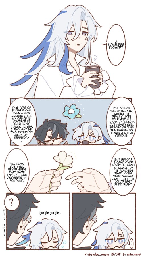 his is a digital fanart comic strip depicting characters from the game genshin impact. the style is cute and chibilike. the story centers around a mysterious blue flower that one character, a longhaired individual, has been planting around their house. another character, a shorter one with dark hair, appears to be curious about the origin of the flowers, and the comic depicts their interactions and a discovery of a similar but differently colored flower. the dialogue bubbles reveal that the blue flower type can even grow underwater, and one character initially thought they were marking their territory. the last panel shows the two characters in close proximity, suggesting a possible romantic relationship. the overall tone is lighthearted and slightly mysterious.