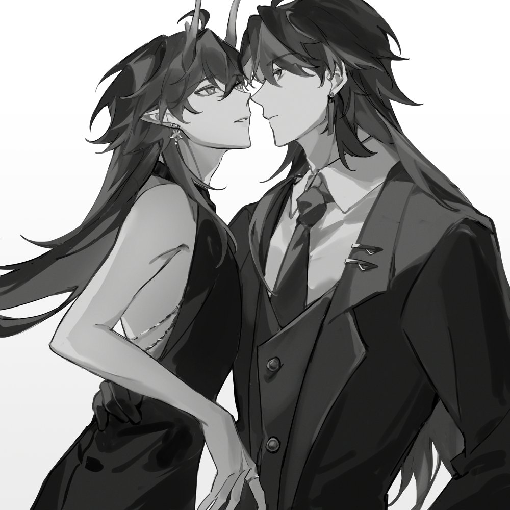 this black and white illustration depicts a romantic couple. the woman has horns and long, flowing hair. she is wearing a black dress and staring lovingly at the man. the man is wearing a formal suit and staring at the woman. his hand is resting on