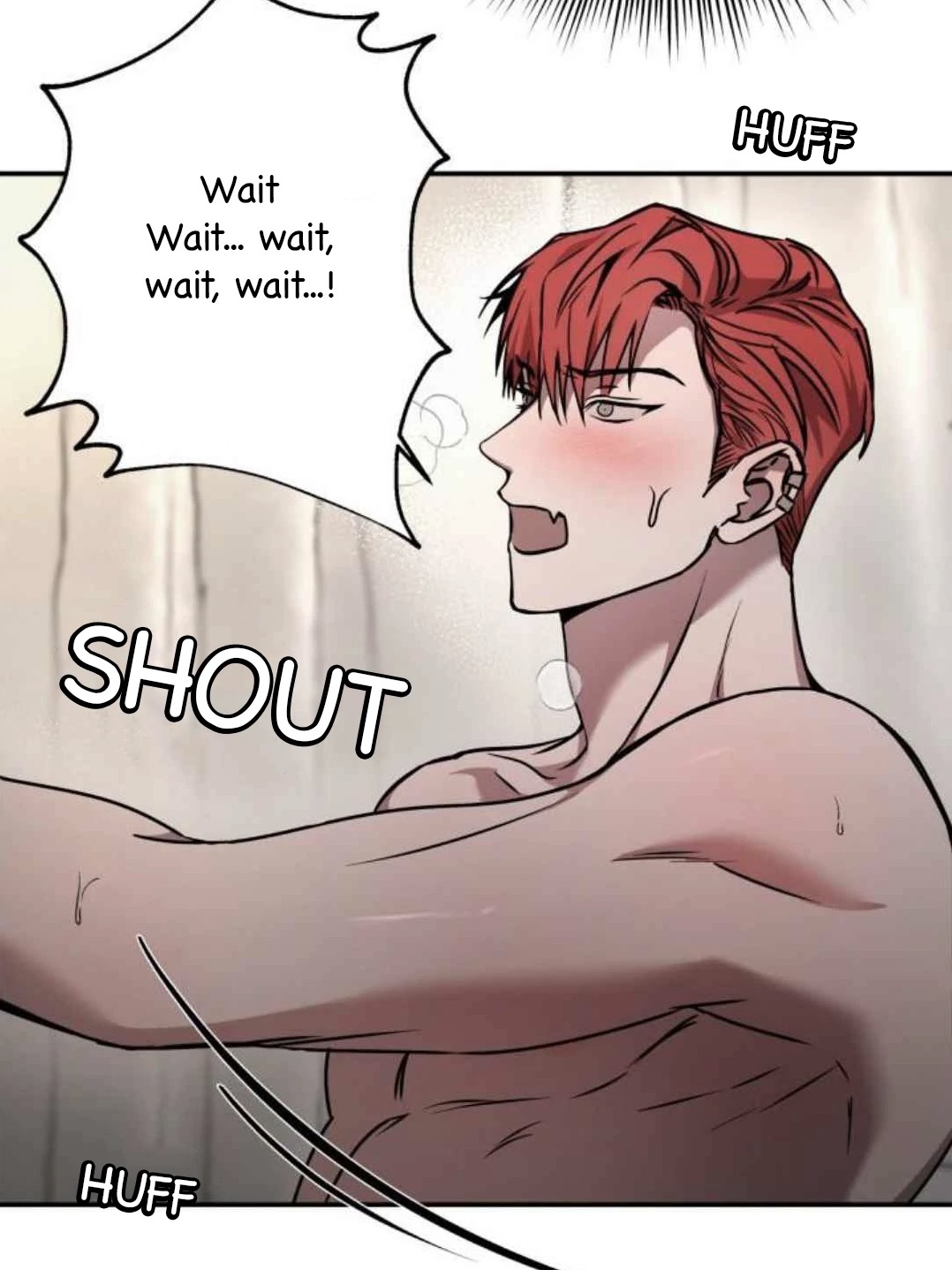 the image is a panel from a manhwa (korean comic) or similar style graphic novel. it features a closeup of a muscular, shirtless man with red hair. he's blushing and has a slightly surprised or flustered expression.  speech bubbles indicate he's shouting "wait... wait, wait, wait..." and there are also "huff" sound effects.  the overall style is suggestive of a bl (boys' love) or yaoi manga, with emphasis on the character's physique and emotional state. the background is a muted, simple beige tone.