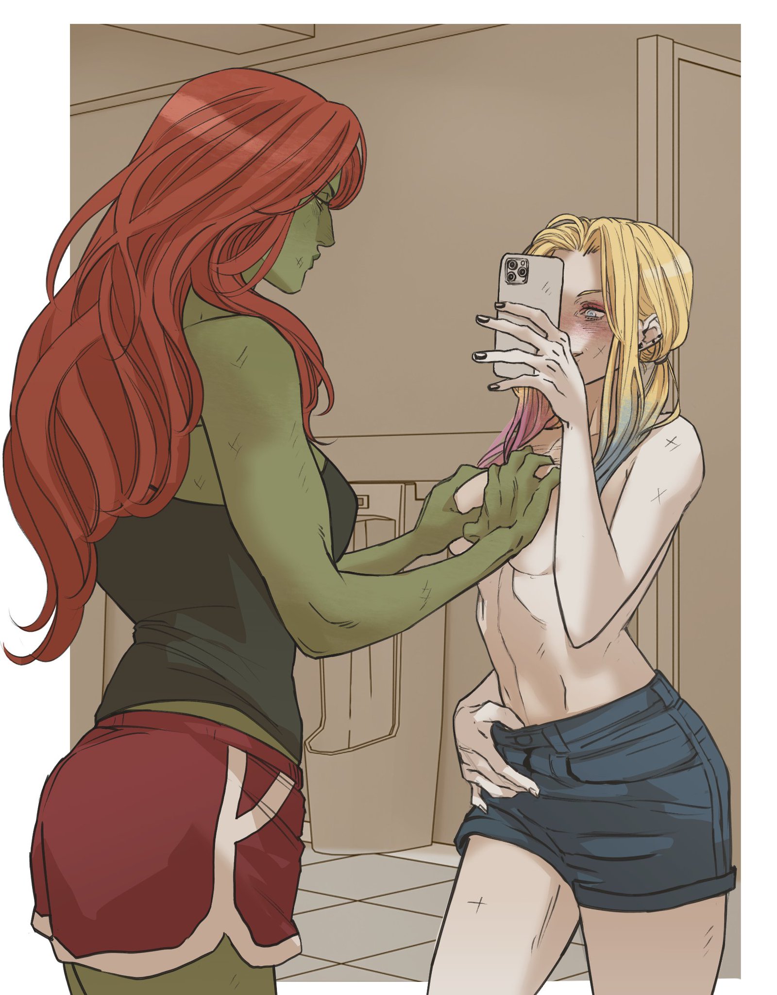 the image shows harley quinn and poison ivy, two dc comics characters. harley quinn is taking a selfie with her smartphone. she has blonde hair with pink and blue streaks, and she's wearing blue denim shorts and a tank top. poison ivy, with her green skin and red hair, is standing next to harley, holding her arm. ivy is wearing a black tank top and red shorts. the style of the image is reminiscent of comic book art.