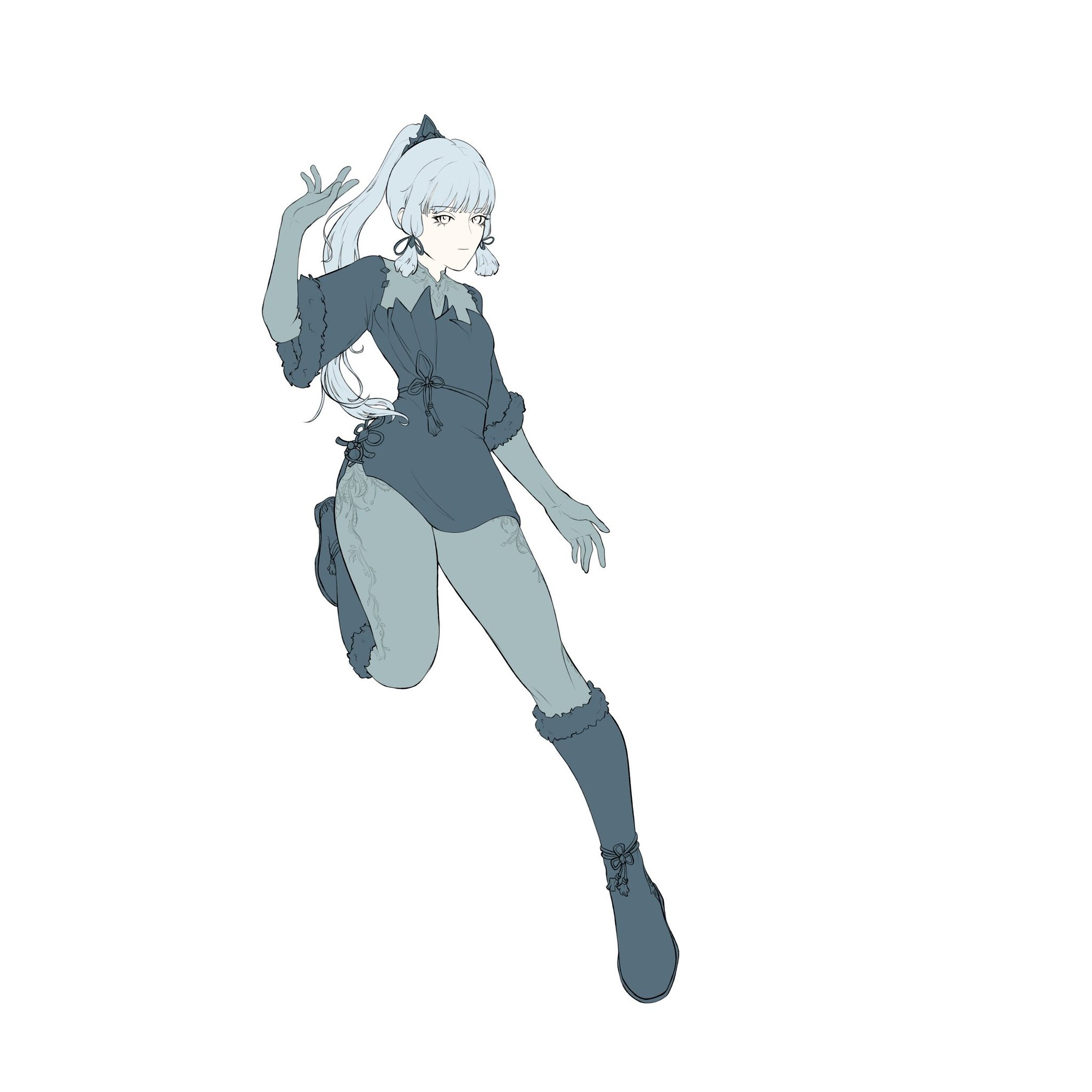 this is a digital illustration of an anime girl in a black dress with a long blue ponytail and blue eyes. she's wearing black boots, and she's posing with her right leg out and her left leg bent. the background is white.