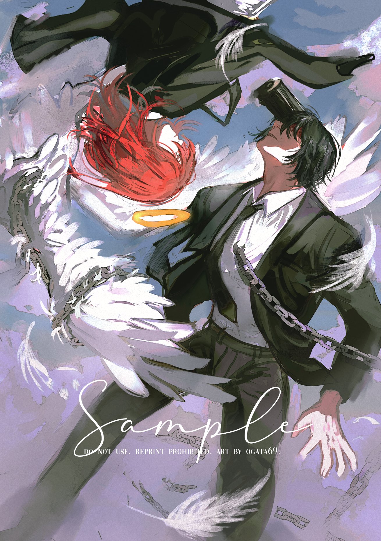 an illustration of a man and woman in a romantic and ethereal scene. the woman has red hair and is dressed in a white dress, while the man wears a black suit. both are surrounded by white wings,  and  he is bound by chains that are connected to the woman's halo. the  background is a cloudy sky.
