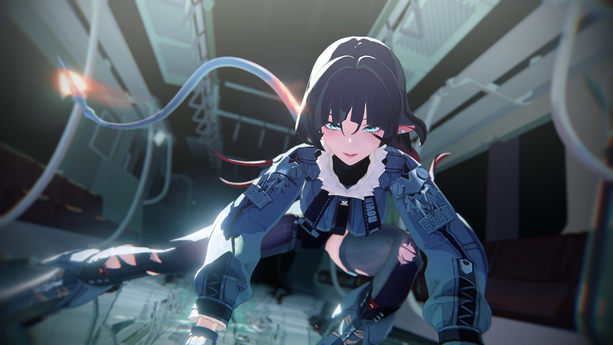 a digital illustration of an anime girl with long black hair, blue eyes, white clothes, and black pants posing while looking at the camera. the girl is inside a futuristic, scifi looking interior design. the girl has a blue aura behind her.
