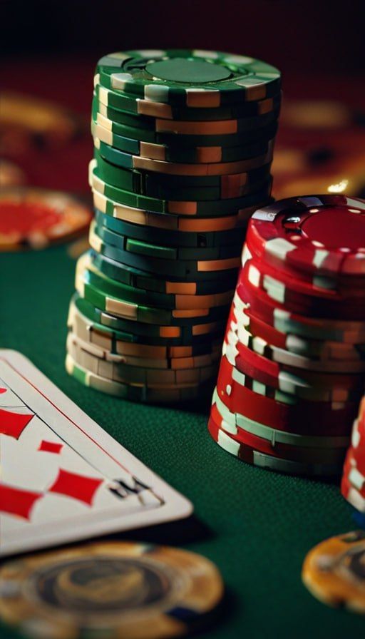 the image showcases a classic poker setup. two stacks of poker chips, one predominantly green and the other red, dominate the foreground. a playing card, revealing the nine of diamonds, lies face up on the green felt table, hinting at the game in progress. the background subtly suggests a wider casino environment with more chips and cards scattered around. the focused lighting illuminates the scene dramatically, highlighting the textures of the felt, chips, and card, adding to the atmosphere of anticipation and risk.
