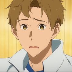 a closeup illustration of a young man with brown hair. he appears to be concerned or worried, with his eyebrows furrowed and his mouth slightly open. there are beads of sweat visible on his face. the background is a warm yellow, and the overall lighting is soft. the style of the illustration suggests it may be from an anime or manga.