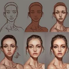 this image shows the process of drawing a woman's portrait.  the top row shows the initial sketch in different stages.  the bottom row shows the portrait completed in three different stages. the image is a great example of how to create a digital portrait.
