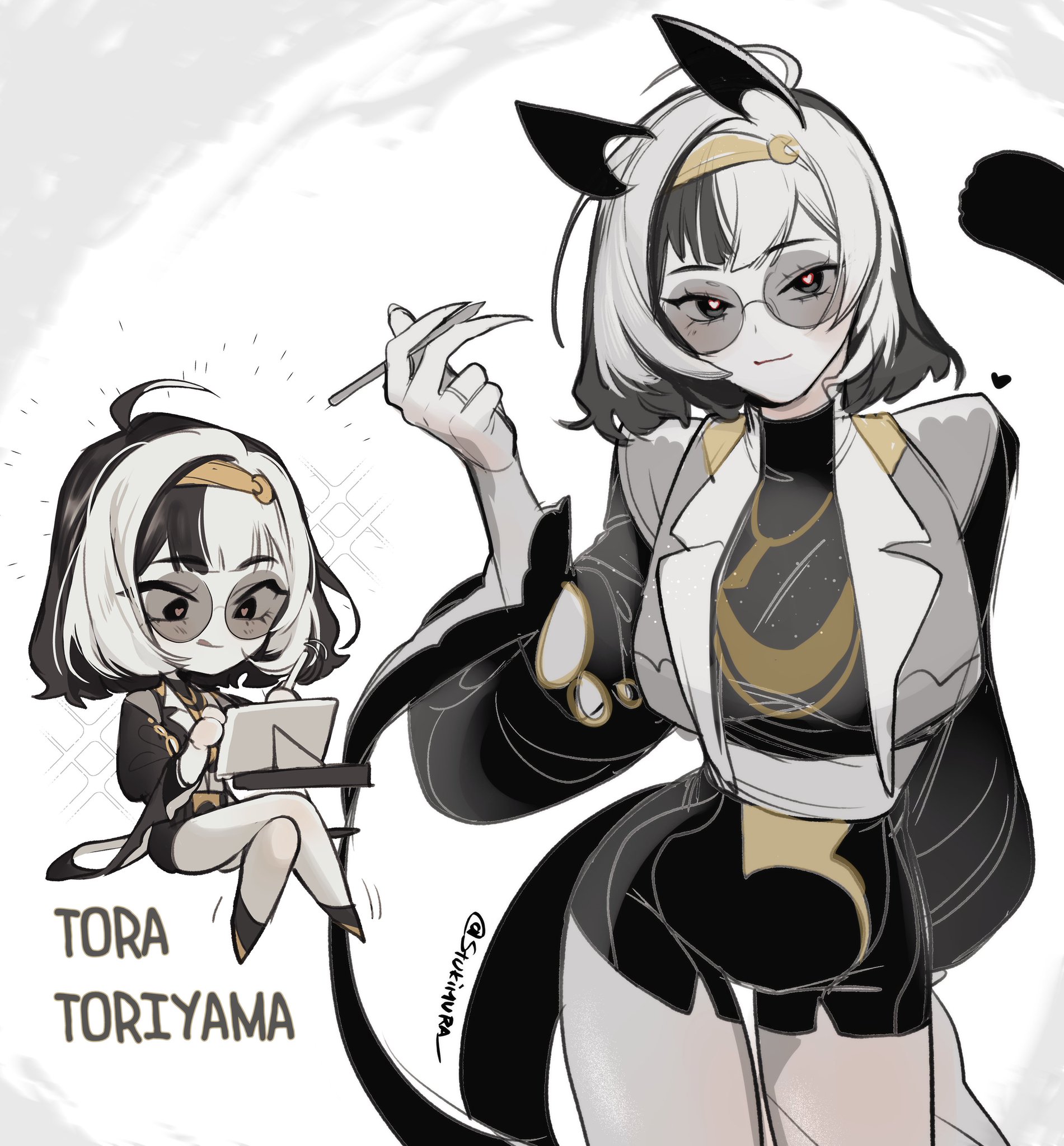 this is a digital art illustration of two anime girls. the girl on the left is a chibi style character with a black and white hair, a white top and a black skirt. she is holding a tablet and a pen, and her eyes are closed. the girl on the right is a regular style anime character with black and white hair, a white top and a black skirt. she is holding a pen in her right hand and wearing glasses. both girls have cat ears and tails.