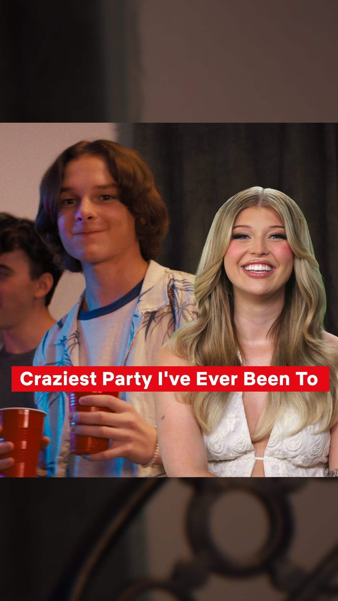 the image shows three people at a party. two of them are holding red cups, which are commonly used for beer pong. the person on the right is smiling. the text overlay says "craziest party i've ever been to".