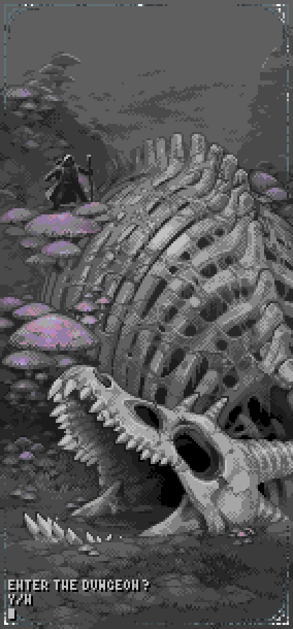 he image is a pixel art illustration depicting a dark and mysterious scene. a hooded figure stands at the entrance to a dungeon, which appears to be inside a giant dragon skull. the skull is surrounded by glowing purple mushrooms, and the overall atmosphere is ominous and adventurous. the grayscale palette enhances the dark and moody tone. the style is reminiscent of classic rpg video game art.  the text "enter the dungeon?" is present at the bottom, adding to the gamelike feel.