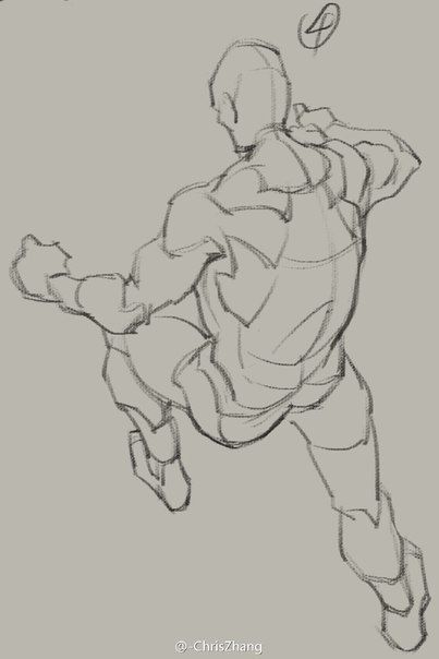 this is a dynamic figure drawing of a male figure in midleap, viewed from the back. the sketch captures the movement and flow of the body, emphasizing gesture and anatomical structure.  the style is loose and expressive, typical of a gesture or quick study. the artist has used shading and line weight to create a sense of depth and form. the overall tone is grayscale with a neutral background.  there's a small number "4" visible in the upper right corner, perhaps indicating a sequence number or pose reference.  the artist's signature or watermark, "chriszhang," is present in the bottom center.
