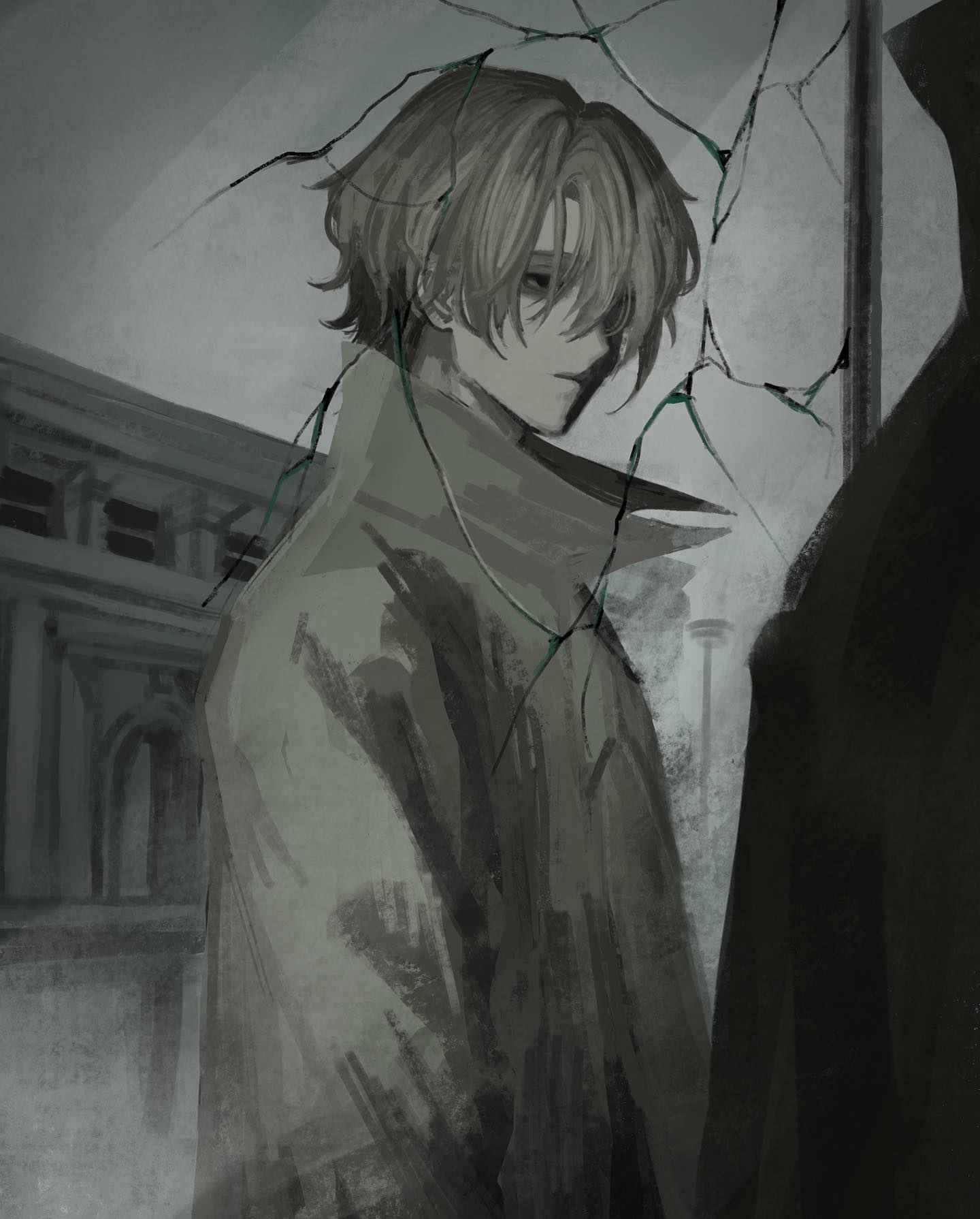 the image shows a young man with shoulderlength brown hair, wearing a long green trench coat, standing on a city street in the rain. the background is a dark and moody cityscape with a classical building. the man is partially obscured by a broken pane of glass in the foreground, and next to him is a dark figure holding an umbrella. he is staring straight ahead with an unreadable expression. the overall mood of the image is one of sadness and loneliness.