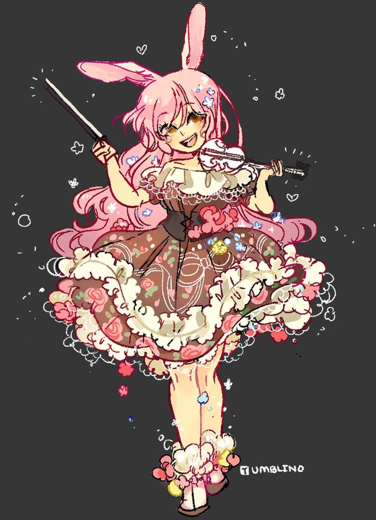 a cute anime girl with bunny ears is wearing a floral dress and playing a violin. she has pink hair and is surrounded by magical sparkles. her eyes are closed and she looks happy as she plays.  she is holding a wand in her other hand and is making magical music.