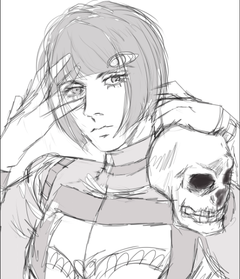 a sketch of a young woman with short hair and a skull. the woman is wearing a stylish outfit and her eyes are looking up. the skull is in front of her, but it appears to be resting on her shoulder. the drawing is done in black and white and is slightly stylized. it appears to be an illustration from a graphic novel.