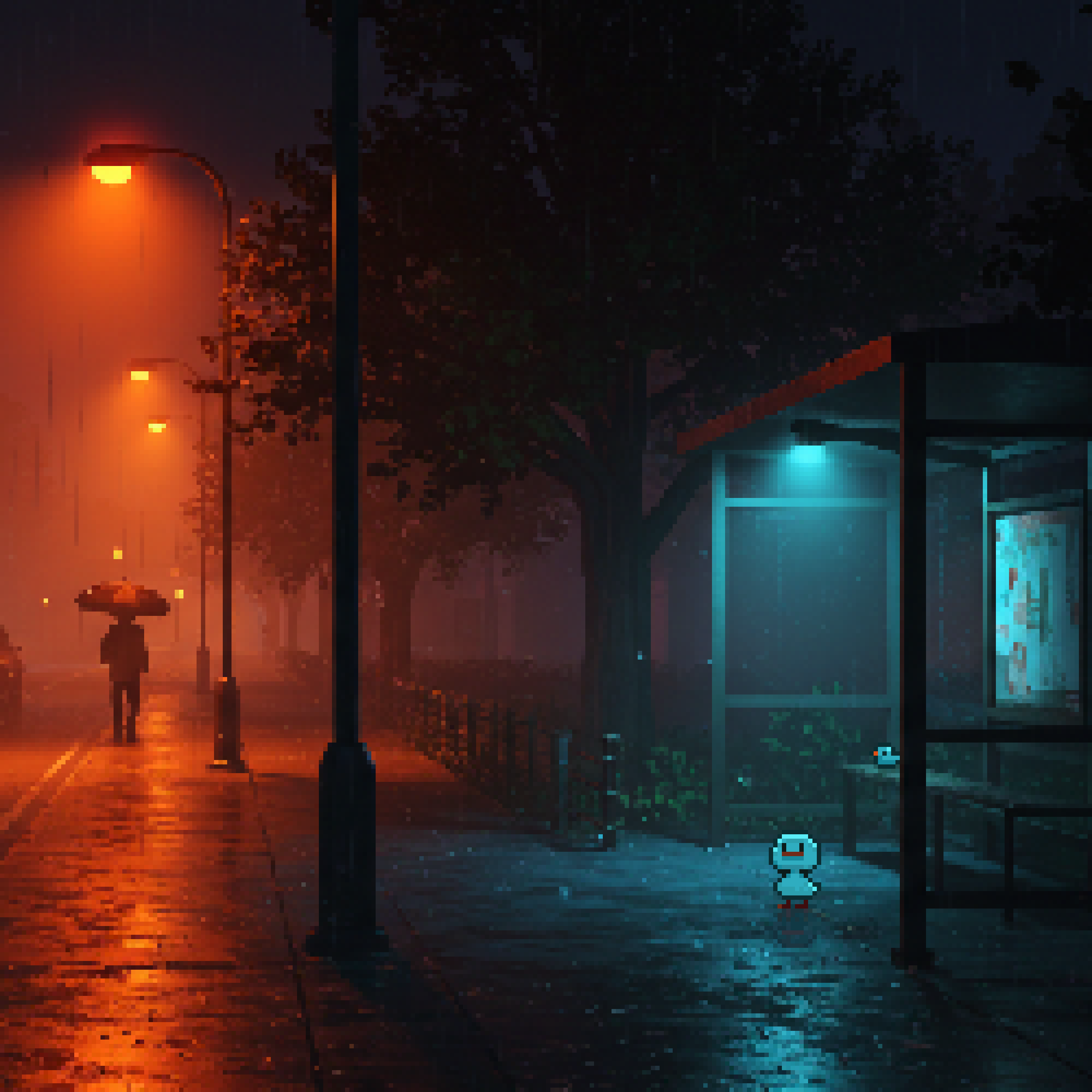 a pixel art image depicting a rainy night street scene. the scene includes a person walking under an umbrella beneath glowing orange lampposts, a bus stop illuminated with blue light, trees, a wet sidewalk, and a small pixelated duck near the bus stop. the overall mood is atmospheric, dark, and somewhat lonely.