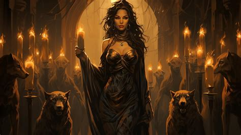the image shows a woman standing in a dimly lit, gothicstyle interior. she is surrounded by several wolves and holds a lit candle in her hand. the scene is lit dramatically by the warm glow of numerous candles, casting long shadows and creating an atmosphere of mystery and power. the woman wears an elegant, dark dress, further emphasizing the overall dramatic and mystical ambiance of the scene.