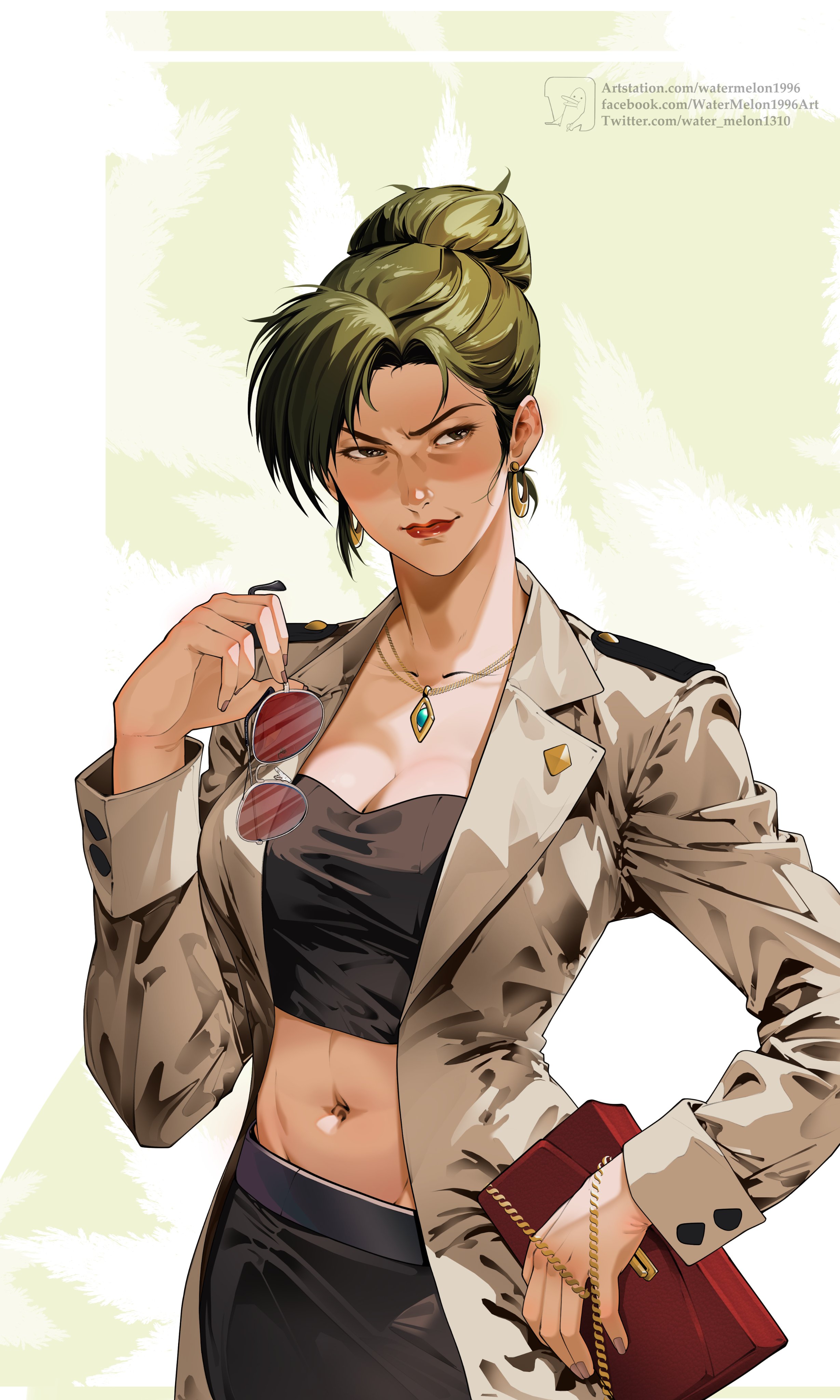 the image features a stylish anime woman. she has green hair styled in a bun, and she's wearing a tan trench coat, black crop top, and black pants. she's holding a pair of sunglasses in her right hand and a red handbag in her left. she has a confident expression on her face.