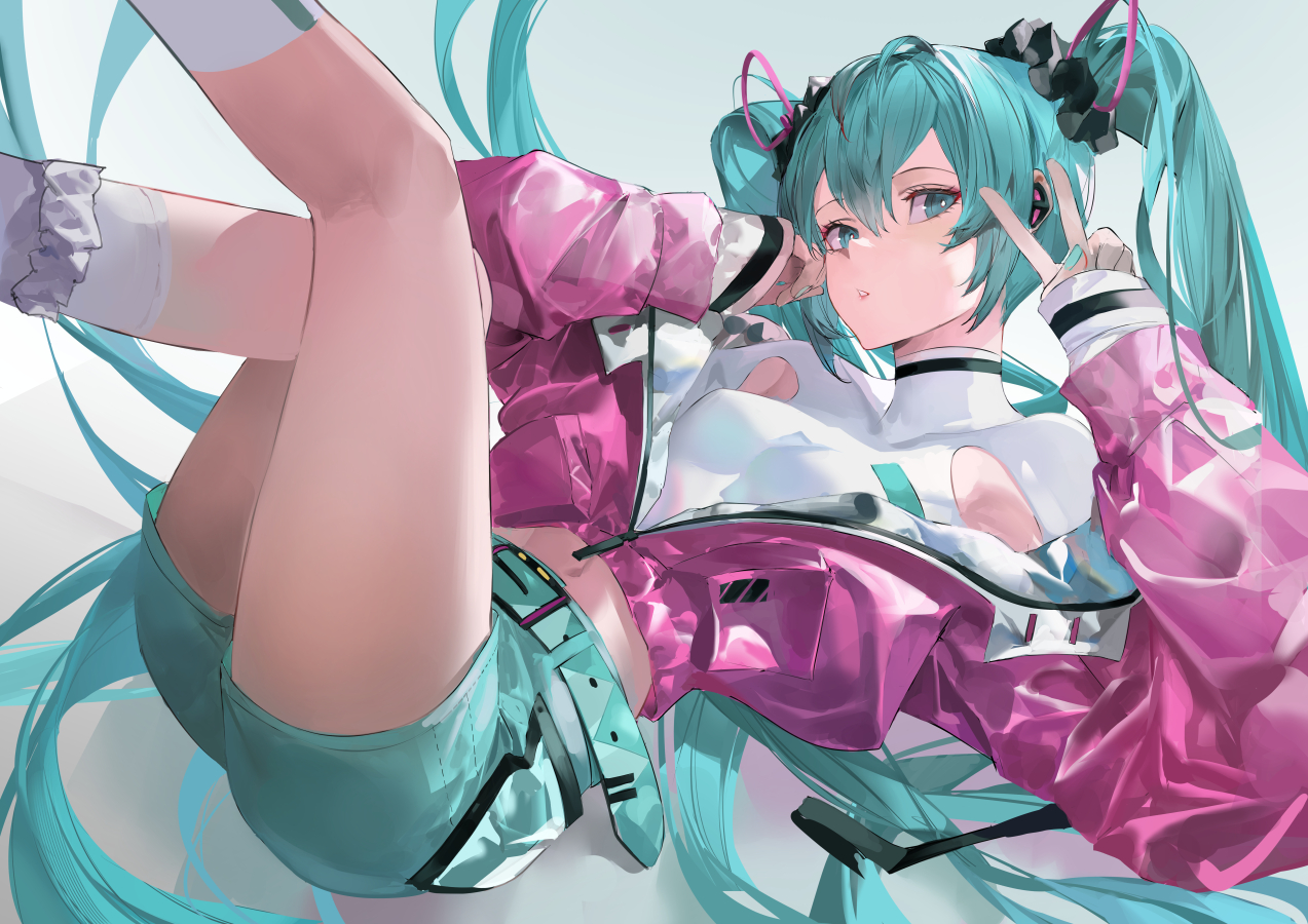 the image is a digital illustration of hatsune miku, a popular vocaloid character.  she's depicted lying down, her long, teal twintails splayed around her.  she's wearing a stylish, shiny pink jacket over a white top, and teal shorts.  her pose is relaxed, one hand near her face, the other making a peace sign. the overall style is vibrant and trendy, with a focus on fashion and a slightly casual aesthetic.  the art style is smooth and polished, characteristic of modern digital anime illustration.