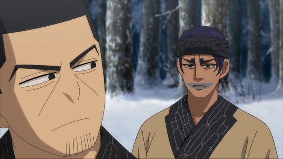 two men from the anime kingdom are standing in the snow. the man on the left has short black hair and a serious expression on his face. the man on the right has dark purple hair with a black and white bandana and a blue marking on his face.  the background is a snowy forest.