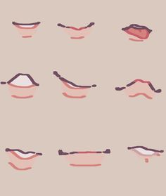 the image is a digital illustration featuring nine variations of stylized anime or manga mouths.  each mouth is drawn in a simplified style common to the anime and manga aesthetic, emphasizing curves and highlights to convey different expressions. the lips are drawn with subtle gradients and highlights, suggesting volume and a soft texture.  the background is a plain, pale tan color, keeping the focus on the linework and subtle coloring of the mouths.