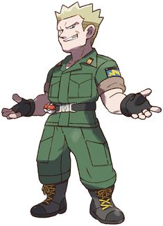 lieutenant roxie is standing with her arms out to her sides and a slightly sinister grin on her face. she has short blond hair and is wearing a green military uniform with black gloves and boots. content: cartoon of a personpeople: lieutenant roxieenvironment: nulllighting: brightperspective: front viewkw: pokemon, video game, character, lieutenant roxie, military, uniform, grin, sinister, evil, blond, short hair, green, black gloves, boots
