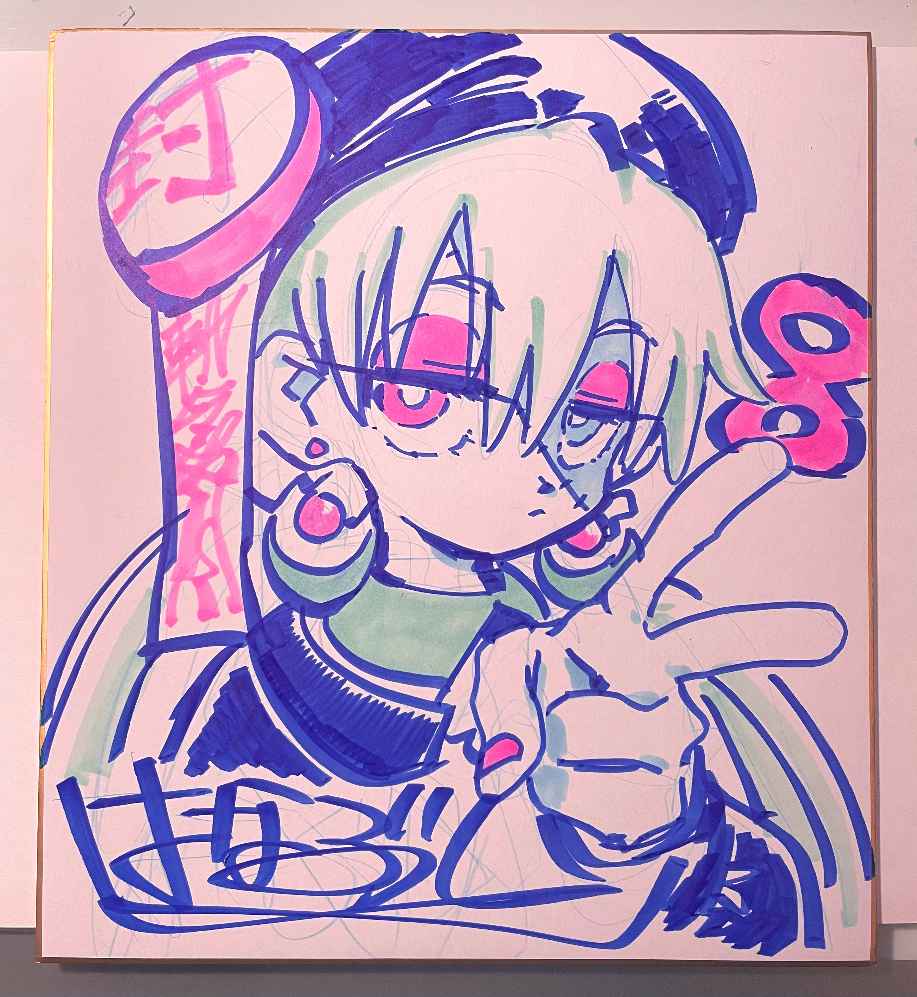 a dynamic, closeup illustration of an anime girl with white hair, drawn with vibrant blue, pink, and green markers on a white board. she sports a stylish outfit with a large headband and earrings, and flashes a peace sign with a confident expression. the drawing includes japanese text and a signature at the bottom.