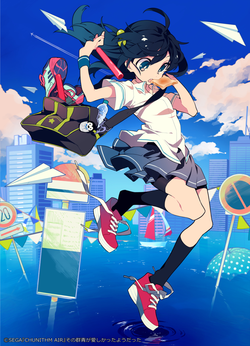 an animestyle girl in a school uniform runs with a sandwich in her mouth, a baton in her hand, and a school bag slung over her shoulder. she's wearing red sneakers and black socks. paper airplanes fly around her against a bright blue sky with puffy white clouds. in the background is a city skyline with water at the bottom, and there are various signs and flags scattered around.
