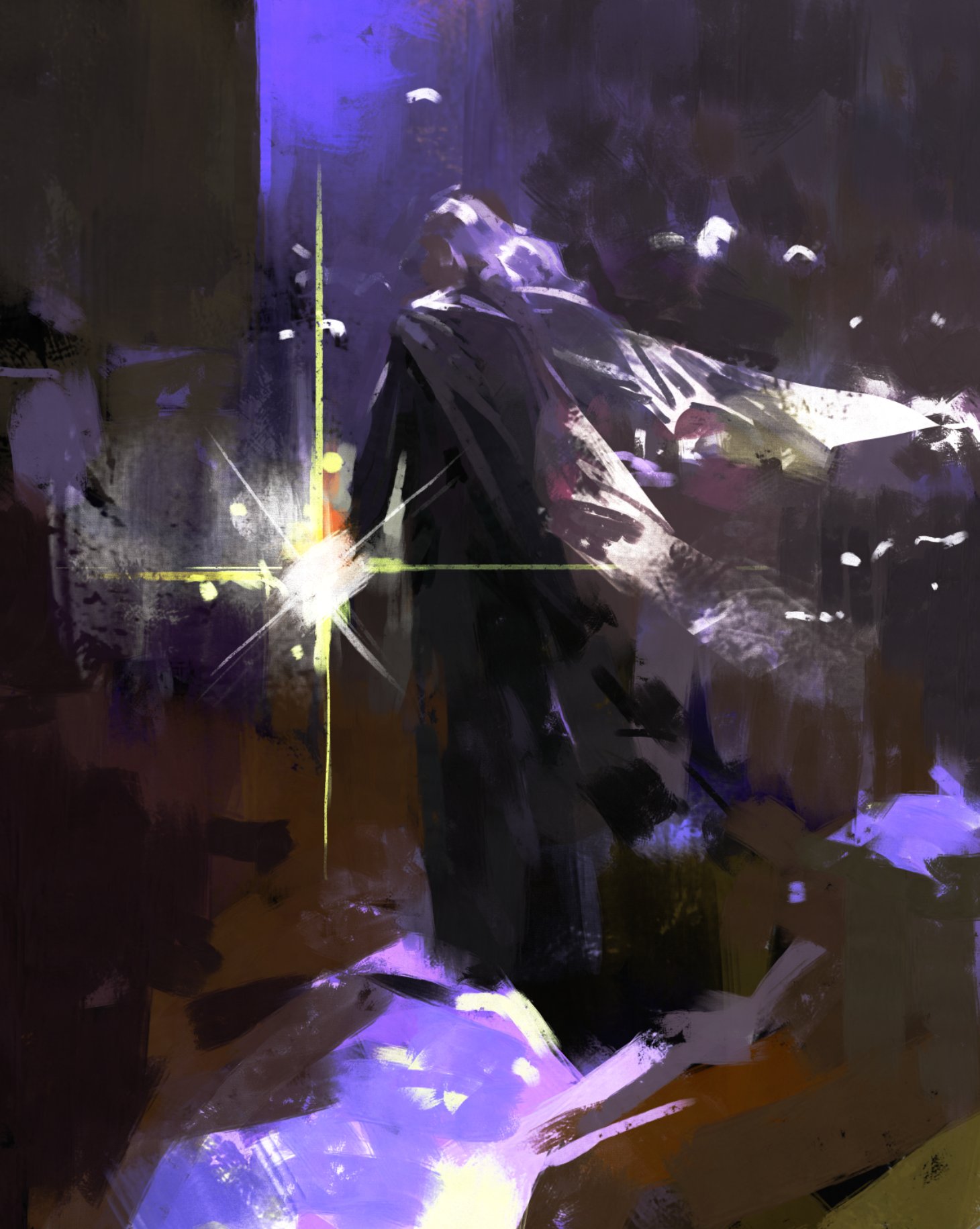 a digital painting of a mysterious figure, draped in a dark cloak, standing in a purplehued environment. the figure is backlit by a bright yellow light that casts a glow and creates an ethereal atmosphere. the painting is characterized by loose brushstrokes and abstract forms, adding to its mystical and enigmatic nature.