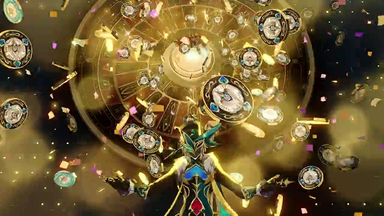 this image shows a character from a video game standing in front of a giant clock that has golden gears and patterns. the character is wearing an elaborate outfit with green, gold, and red, and is holding their hands out. in the background, there are many golden clock hands scattered around, giving the impression of time being distorted. there is a light shower of gold,  red, and purple confetti.