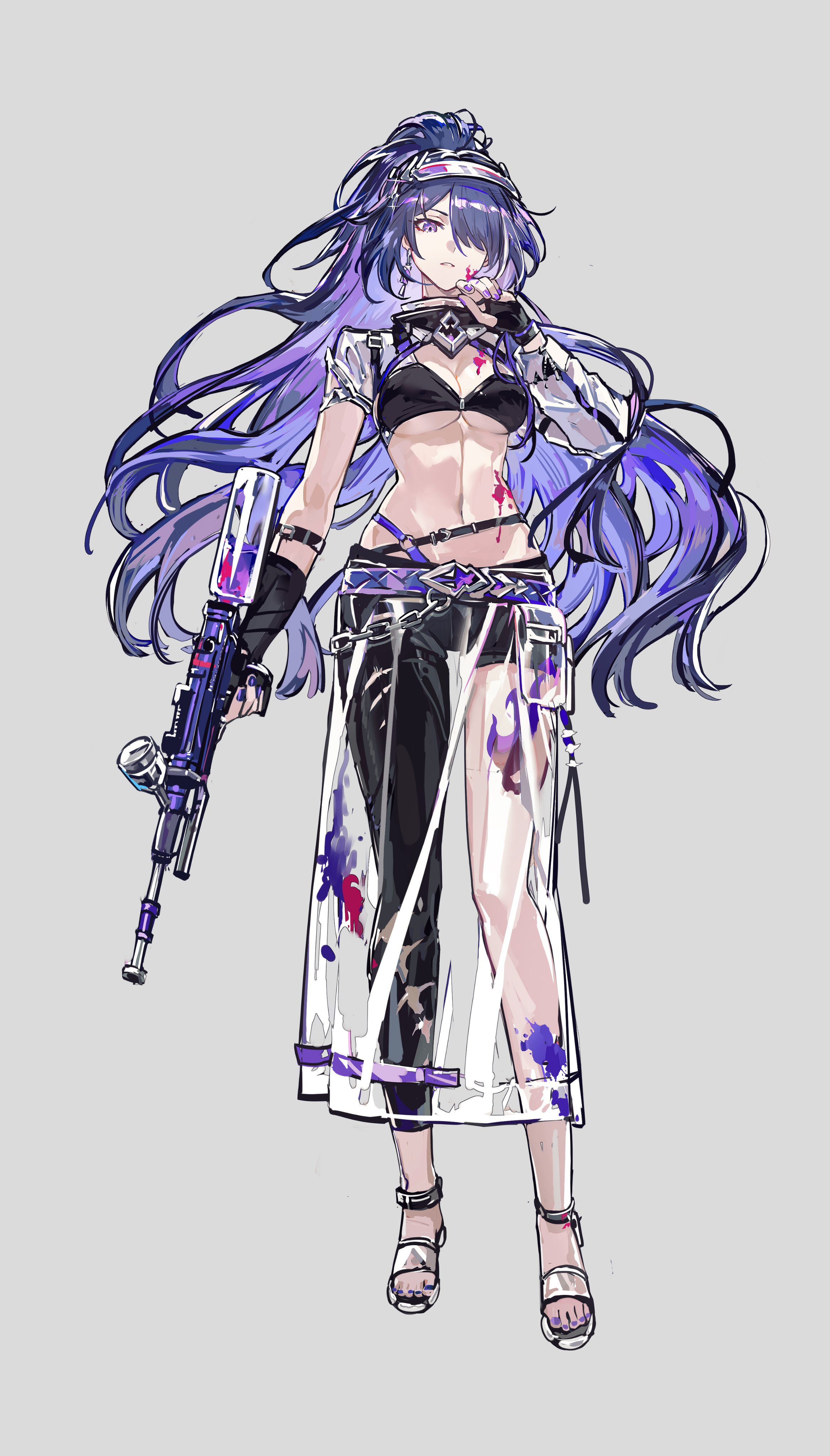 a fullbody illustration of a female character with long purple hair and blue eyes. she's dressed in a revealing outfit with a white, sheer skirt, black shorts, and a black top that exposes her midriff. she wears bandages on her arms and legs and has paint splatters on her clothes. the character holds a futuristiclooking gun in her right hand, and her left hand is touching her face. her expression is serious.  the background is a plain light grey.