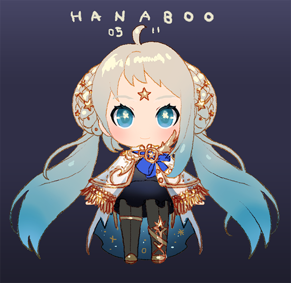 a cute anime girl in a white and gold dress with blue wings and blue hair, her eyes are big and she has a star on her forehead. she is smiling and her expression is innocent and sweet. the background is a simple dark blue color.