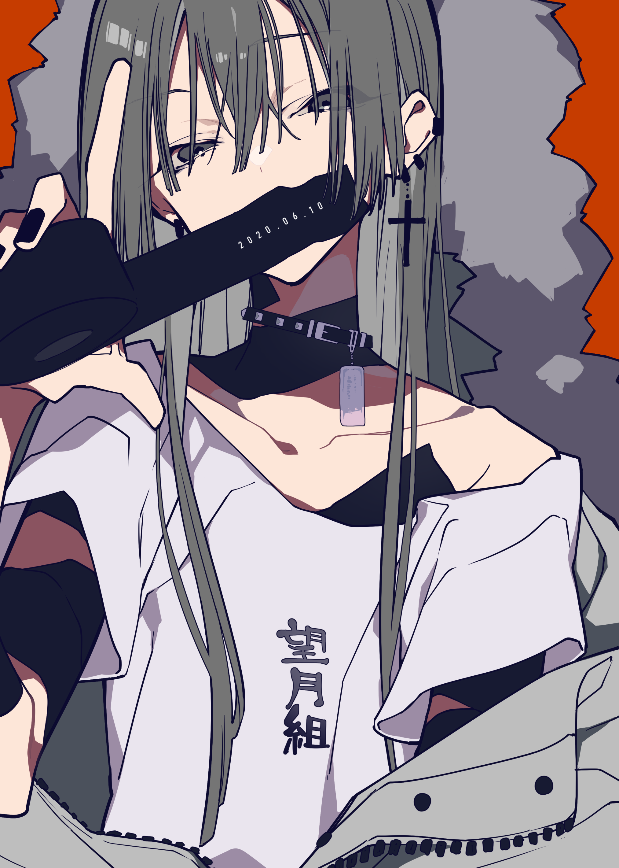 an anime girl with gray hair and a cross earring is wearing a black top, a white tshirt with japanese text, and a black cap. she is standing in front of an orange and gray background.