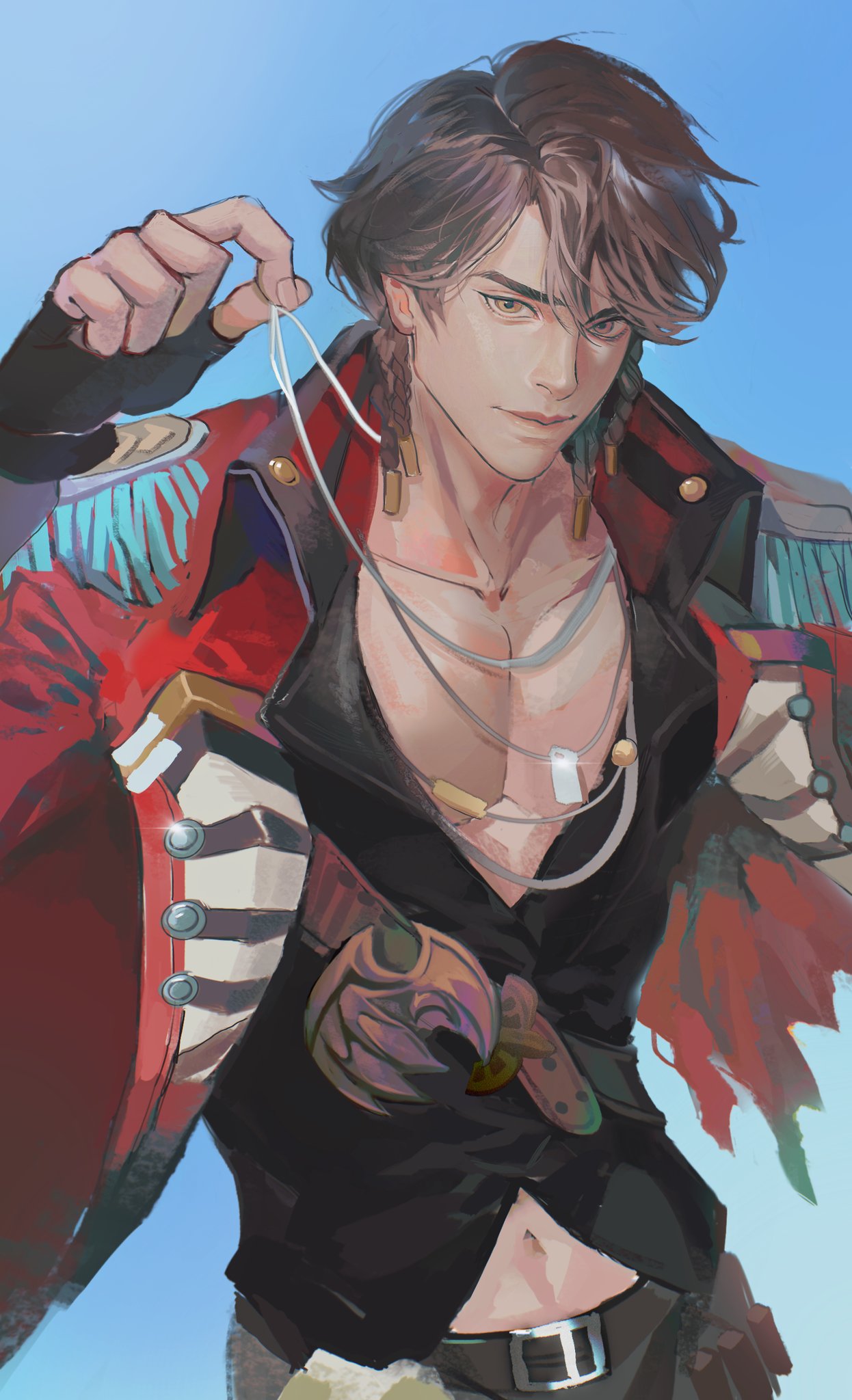 a digital art portrait of an anime boy character. he has short brown hair with a braid on the right side, and he is wearing a red and white jacket over a black shirt with a brown belt and a chain necklace. he is looking at the camera with a serious expression. the background is a pale blue.