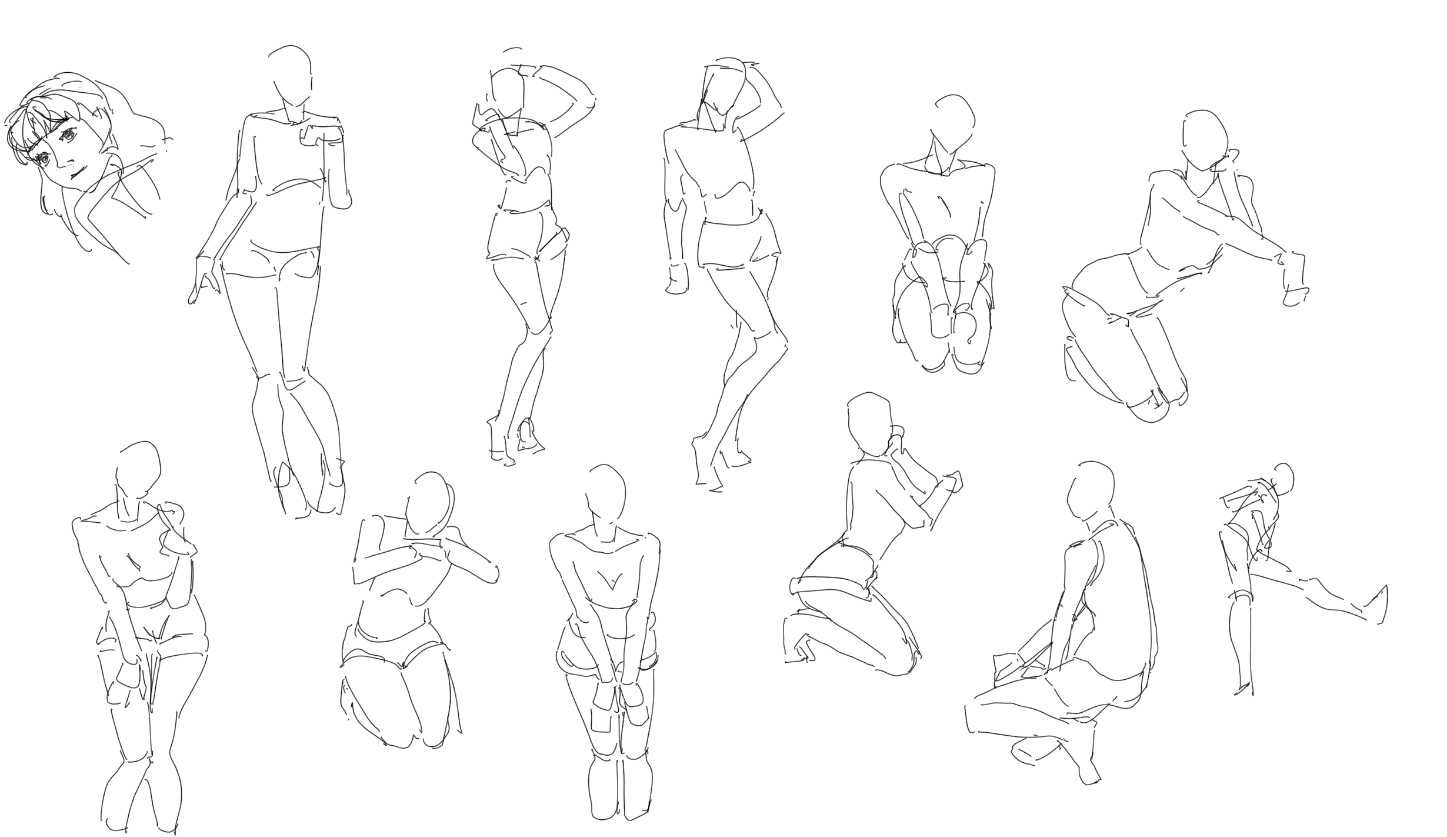 the image consists of several sketches of female figures in various poses. most of the figures are drawn from the waist up, with a few fullbody sketches. the style is loose and sketchy, with an emphasis on gesture and movement. the sketches appear to be for practice or reference purposes.