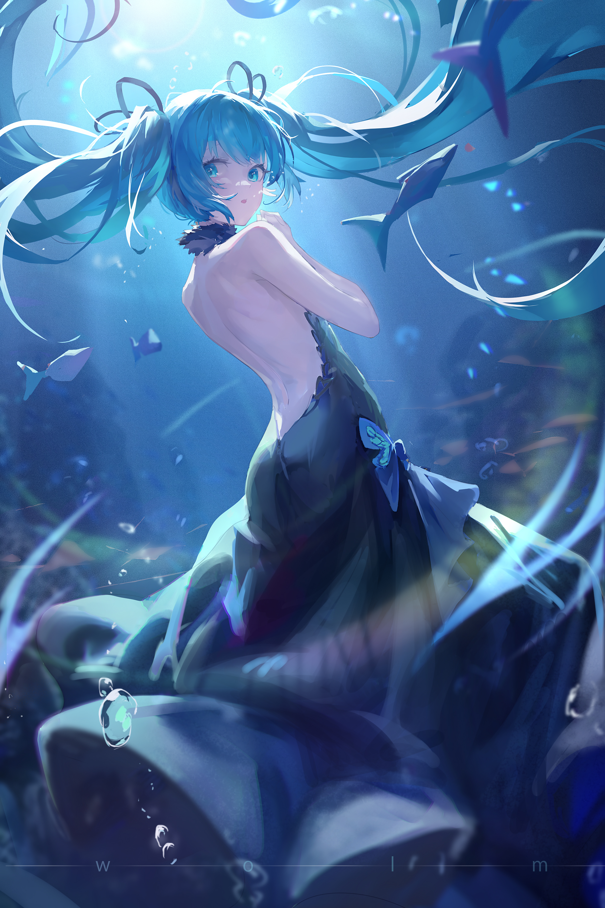 the image is a digital painting or illustration of hatsune miku, a popular vocaloid character, depicted as a graceful anime girl with long, flowing turquoise twintails. she's underwater, in an elegant, dark blue backless gown that flows around her. the water is a light blue, and there are small fish and bubbles subtly scattered throughout the scene, adding to the fantasylike and ethereal atmosphere. the overall style is soft and dreamy, with a focus on the character's beauty and the fluidity of her hair and dress within the underwater environment.  the color palette is primarily blues and greens, reinforcing the oceanic setting.
