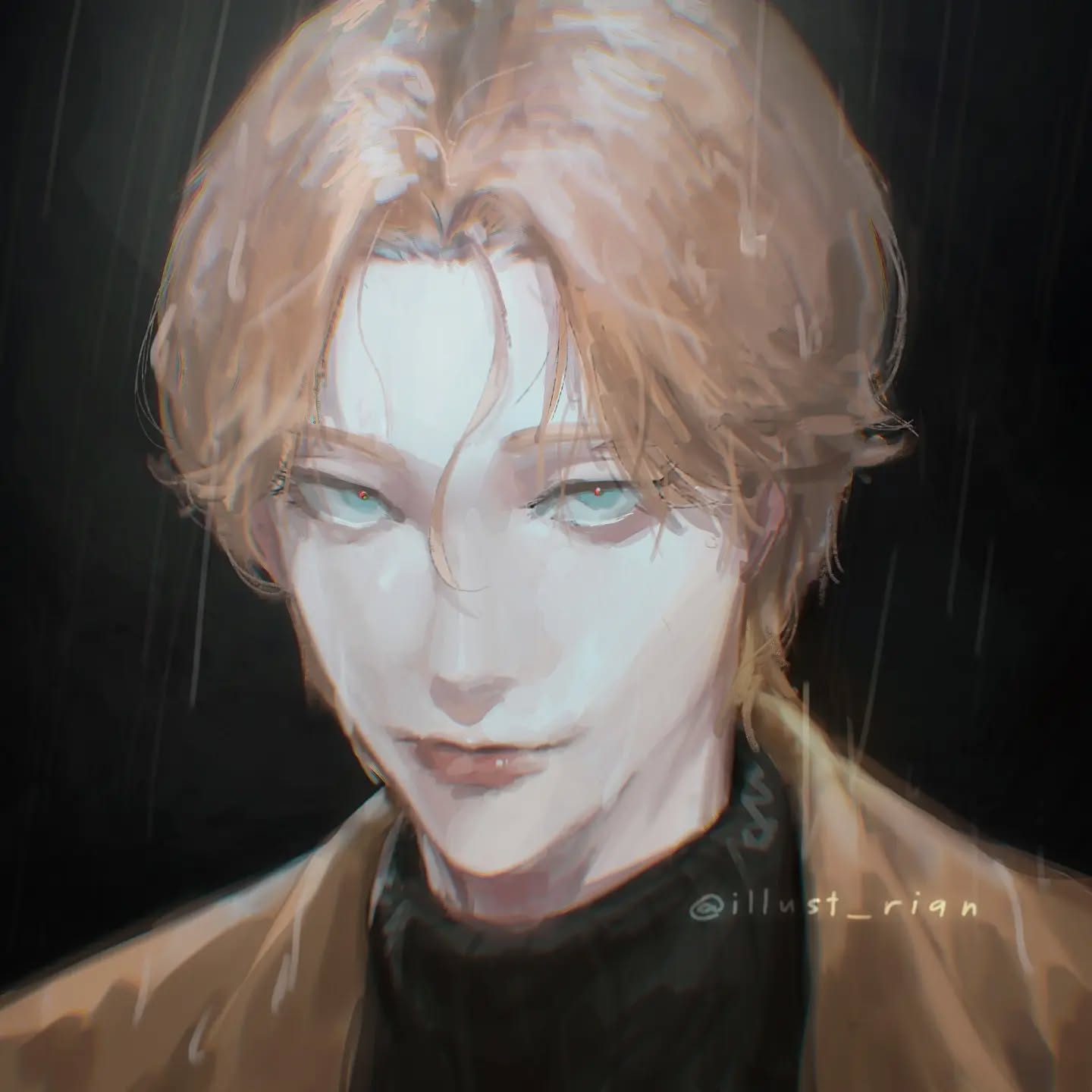 the image is a digital painting or illustration of a young animestyle male character. he has light skin and shoulderlength blond hair, which appears slightly wet, suggesting it's raining. he's wearing a brown coat over a dark turtleneck. his expression is serious, almost pensive. the art style is soft and stylized, with a focus on subtle shading and color blending. rain drops are subtly visible in the background, adding to the overall mood. the overall feel is melancholic yet attractive.  the artist's signature, "@illust_rian", is faintly visible in the bottom right corner.